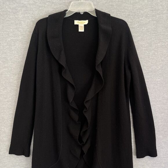 Peck & Peck Wool Cashmere Cardigan Sweater Size M Black Ruffles Frills Longline - Picture 5 of 12